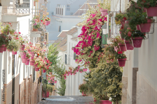 Fototapeta Naklejka Na Ścianę i Meble -  Alley with plenty of flowers, white yown in Spain