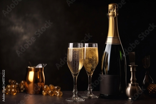 Ai generated illustration glasses of champagne with the bottle