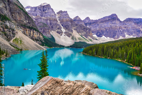 Cerulean Blue waters of the magnificient Moraine Lake near Banff in the Canada Rockies
