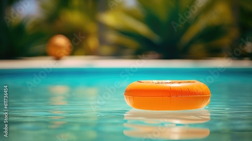 Ein orangefarbener Schwimmreifen schwimmt auf der Wasseroberfläche eines erfrischenden Pools im Sommer, Generative AI