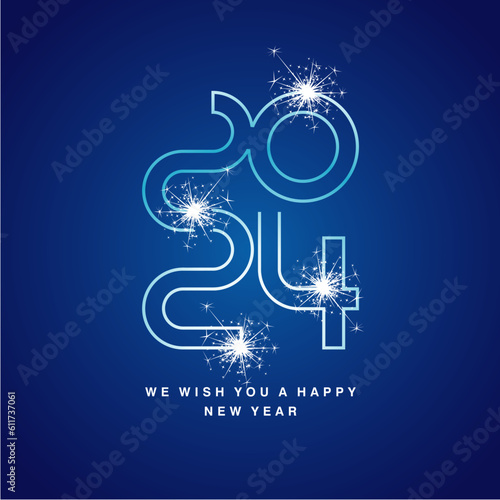 Happy New Year 2024 eve ultra modern neon line design numbers typography white blue icon logo with sparkle firework