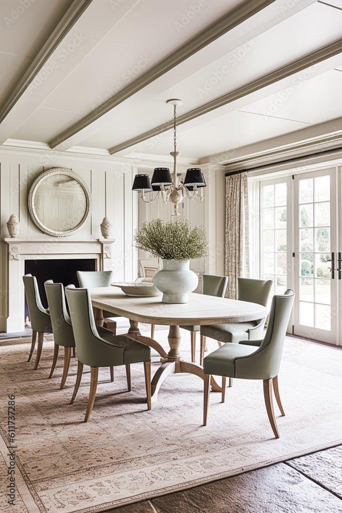Fototapeta premium Interior design, white dining room decor and house improvement, furniture, table, chairs and home decor, country cottage style, generative ai