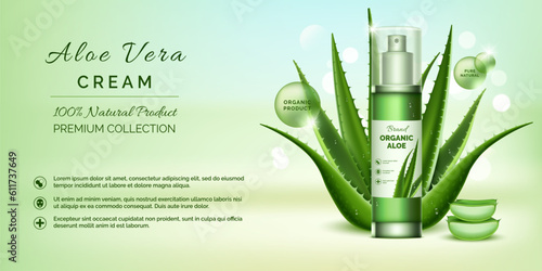 Plants cosmetic ad. Aloe vera cream. Skincare organic essence bottle. Herbal leaves. Beauty product. Face moisturizer. Promotion background design. Vector advertising banner template