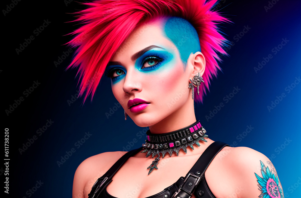 Fototapeta premium Young woman with bright appearance. Portrait of fashionable female with vivid image, style. Generative AI.