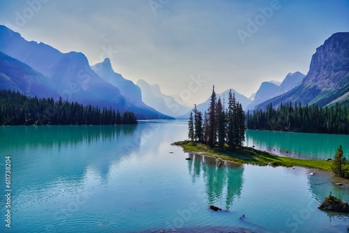 A mystical haze hangs over an early morning view of the Iconic, world famous Spirit Island, spiritual home of the Stoney Nakoda First Nation on Lake Maligne near Jasper in the Canada rockies