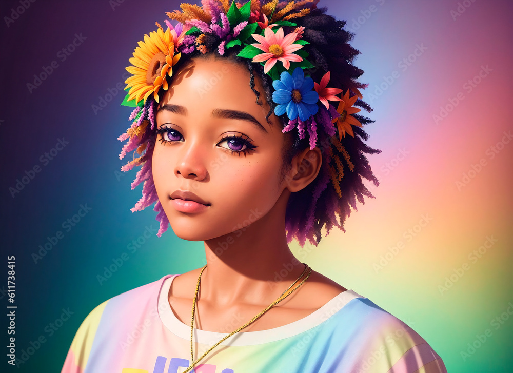 Portrait beautiful African-American girl with flowers on her head. Woman with flower arrangement on head. Generative AI.