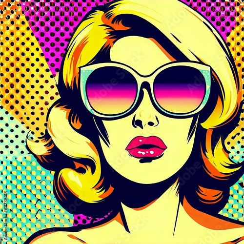 Vibrant Colorful Sexy Fashion Portrait Beauty Pop Art Retro Comic Style Poster Skinny Blonde Summer Woman with Open Mouth Rainbow Sunglasses Colorful Abstract Theme Concept Hand Drawn Generative AI