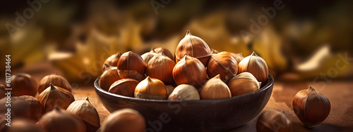 Banner featuring a bowl filled with fresh and crunchy hazelnuts