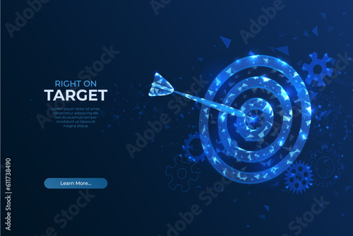 Target goal. Digital technology, blue arrow wireframe, data competition, hit strategy, bullseye, polygonal lines, darts game. Career achievement symbol, vector targeting concept, banner background