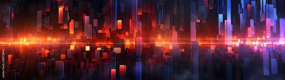 Fototapeta premium Ultrawide Wallpapers Illuminated Geometric Patterns in Neon with Blue, Red, and Orange Themes. Generative AI