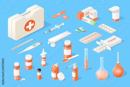 Isometric medicine pills. Pharmacy box for first aid. Syringe and thermometer. Vaccine kit. Drugs blister or bottle. Tablet and cream case. Healthcare tools. Vector medical equipment set