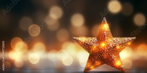Christmas background with golden stars and bokeh. Generative AI.