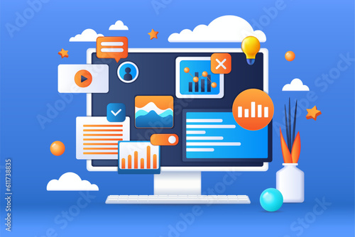 3d computer, web elements on pc screen. Website design, search on site and advertising in browser, internet communication. Digital developer, internet interface. Vector illustration concept