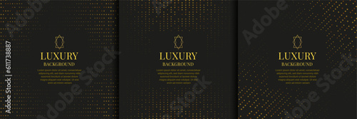 Luxury background. Premium gold pattern. Dark dot texture. VIP modern template banner. Golden glitter. Geometric elegant shapes. Square frames. Vector abstract luxurious cards design set