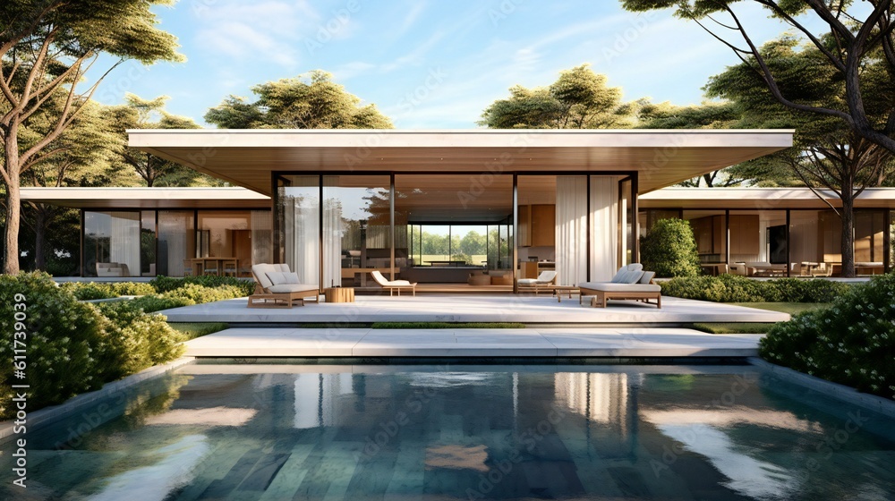 Modern Luxurious, Mansion in Nature Forest, Landscaped garden, Glass and greenery, Hermes Style, Refreshing Morning in the Hamptons, Natural sunlight - Generative AI