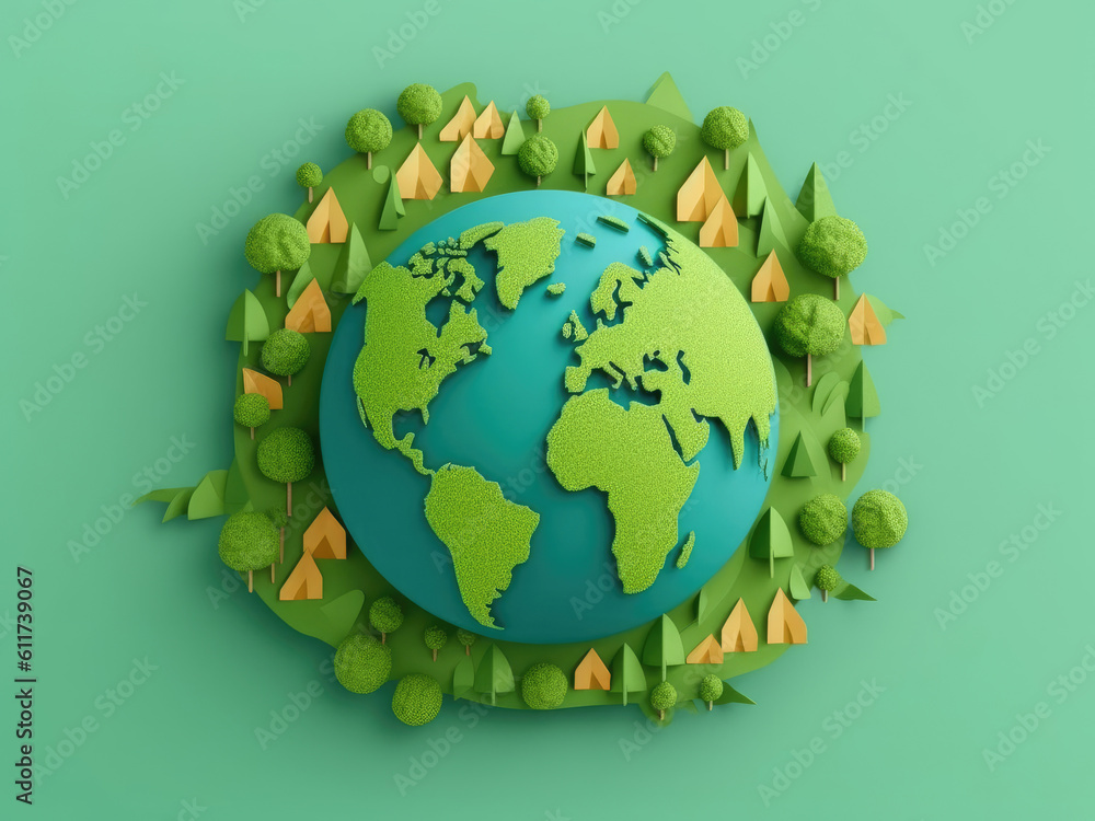 Banner of colorful map of the globe with green trees cut out of paper