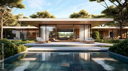 Modern Luxurious, Mansion in Nature Forest, Landscaped garden, Glass and greenery, Hermes Style, Refreshing Morning in the Hamptons, Natural sunlight - Generative AI © Sparkls