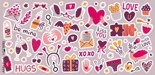 Cute love stickers. Diary doodles and quotes, school or agenda elements for planner or calendar, valentine day. Love phrases and romantic elements. Hearts and flowers. Vector cartoon design
