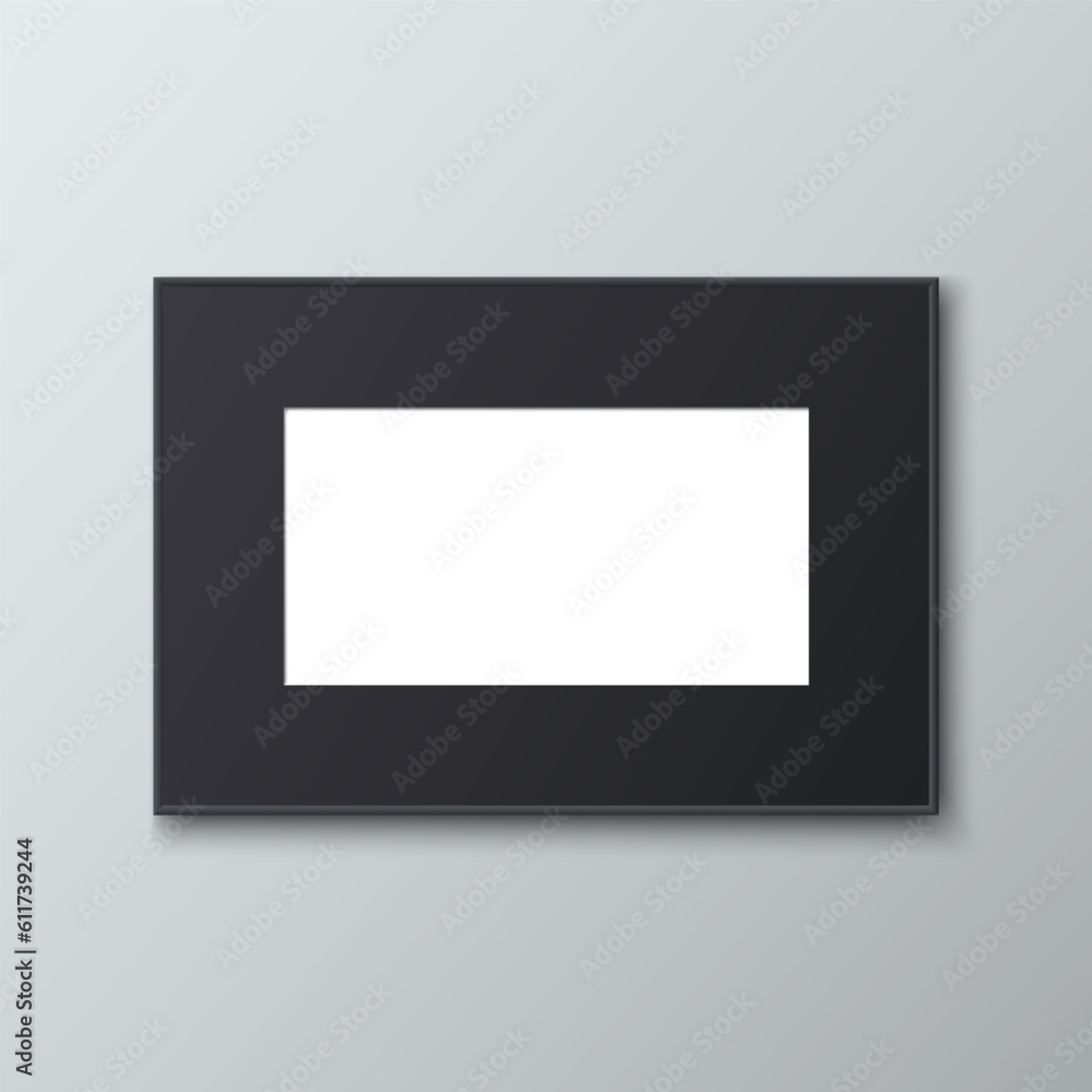 Realistic horizontal blank photo frame on grey background. Empty black photo frame. Mockup for pictures, photography, poster. Moodboard. Decorative design element interior. 3d vector illustration Realistic horizontal blank photo frame on grey background. Empty black photo frame. Mockup for pictures, photography, poster. Moodboard. Decorative design element interior. 3d vector illustration