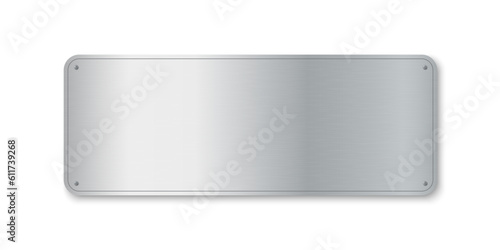 Realistic metal brushed plate with rivets. Metallic texture plate with screws and shadow. Steel signboard. Stainless panel chrome tag. Rectangular horizontal silver sheet. 3d vector illustration