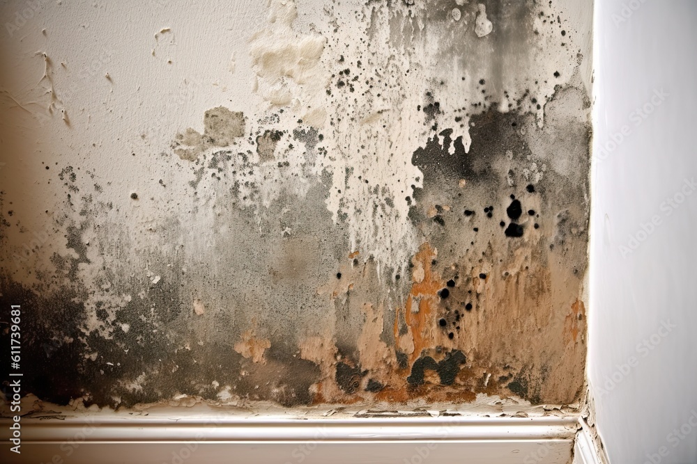 Damp Wall Corner with Black Mold Fungal Infestation. Interior of House