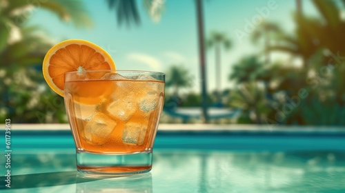 Erfrischender Sommer-Cocktail mit Orange und Eis vor tropischem Hintergrund, Retro Effekt, Generative AI