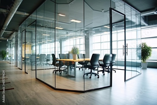 Contemporary Glass Partition in Spacious Corporate Office with Panoramic Windows and Hexagonal Design: Generative AI photo