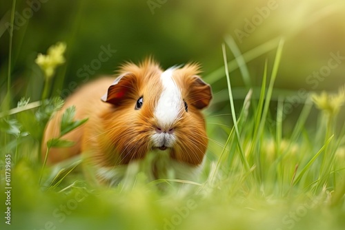 Cavy Walks in Green Grass: Adorable Guinea Pig Pet Enjoying Summer Eating Grass. Generative AI