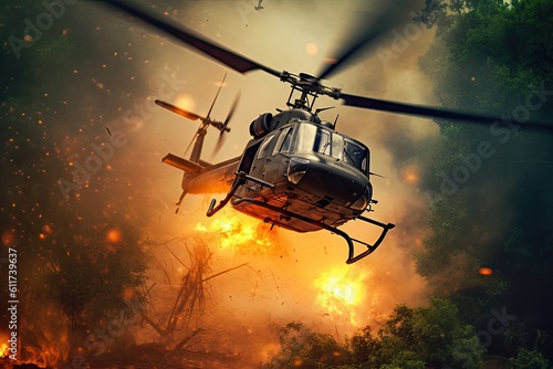 Burning Vietnam War Helicopters Amidst Jungle Conflict and Smoky Forest. Military Choppers in the Midst of War. Generative AI