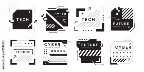 Tech elements. Abstract square shapes. Modern frame box. Cyber glitch future title. Monochrome silhouette HUD borders. Panel display. Digital screens set. Vector cyberpunk design background