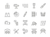 Car service. Mechanic garage icons. Vehicle care or repair. Auto workshop. Motor replacement. Gear and wrench. Automobile brake. Transport wash and charge logo. Vector pictograms set