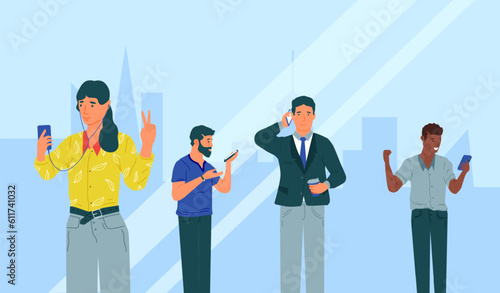 People using phones. Men and women with smartphones. Persons calling or chatting by online messengers. Pedestrians holding mobile devices. Cellphone communication. Vector illustration