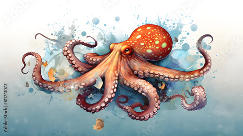 Aquatic Wonder Enchanting Octopus Illustration with Water Effects on a White and Blue Background. Generative AI © ndrbusco
