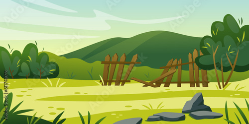 Cartoon backyard. Sky and nature meadow. Wooden fence. Lawn flowers. Trees and bushes. Natural field and green mountain. Summer countryside panorama banner. Vector landscape background