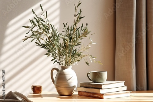 Intérieur élégant nature morte. Deux étagères flottantes. Modèle de maquette de cadre photo en bois vierge. Vase texturé avec des branches d'olivier et de vieux livres. Maison méditerranéenne moderne.