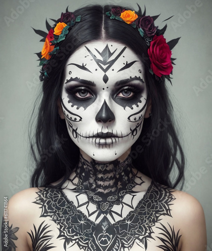 Mexican woman with day of the dead makeup and a flower crown on his head, Mexican holiday Dia de los muertos. Content made with generative AI not based on real persons.