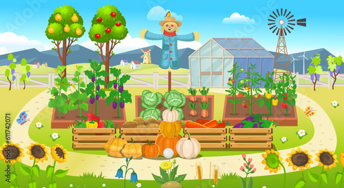 Farm panorama with garden with vegetables on the beds,