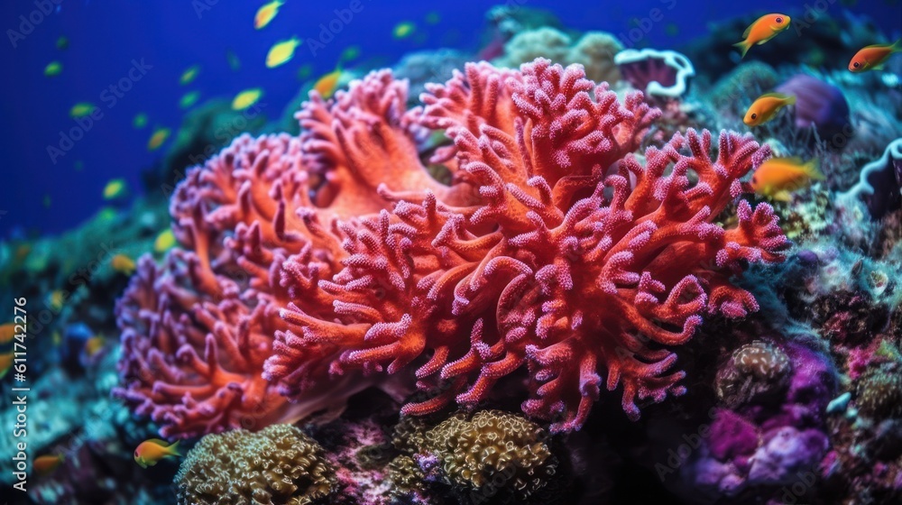 Beautiful Corals. Coral Reef. Colorful Corals and Exotic Fishes at the Bottom of the Red Sea. Beautiful Underwater Coral Reef. Sea Life. Ai Generated Art.