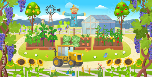 Farm panorama with garden with vegetables on the beds,
 mills, fields, trees, vineyard and tractor, windmill, scarecrow. Big scene for kids.Vector illustration in cartoon style.  