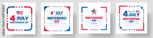 4th of July United States Independence Day celebration promotion advertising social media post banner, sticker, background, poster, card design set. Independence day USA festive decoration. usa flag