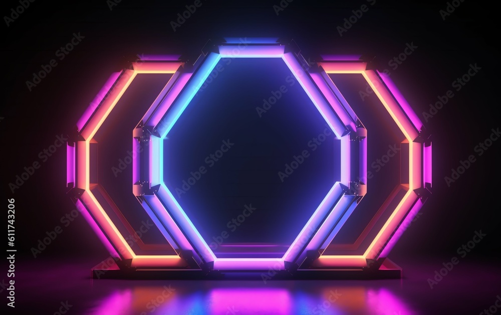 Neon Light background with hexagonal frame 3D illustration geometric wallpaper. generative ai Neon Light background with hexagonal frame 3D illustration geometric wallpaper. generative ai