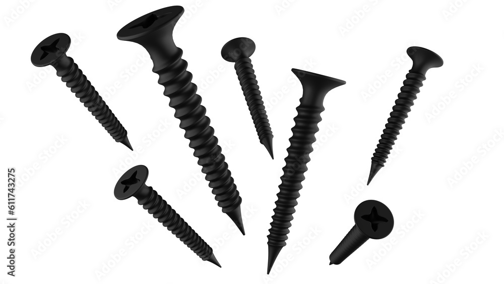 Falling black screws isolated on transparent and white background