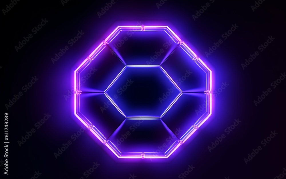 Neon Light background with hexagonal frame 3D illustration geometric wallpaper. generative ai Neon Light background with hexagonal frame 3D illustration geometric wallpaper. generative ai
