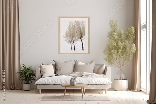 Fototapeta Canapé moderne dans une pièce neutre, dans le style de mise en scène minimaliste