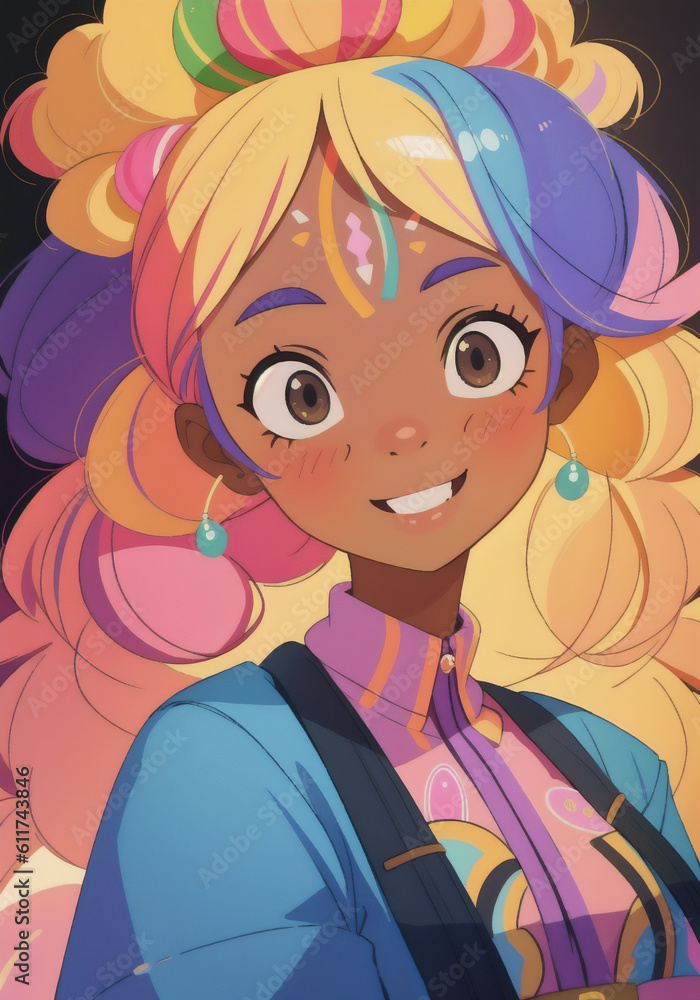 Beautiful African American girl with multicolored hair. Generative AI. Beautiful African American girl with multicolored hair. Generative AI.