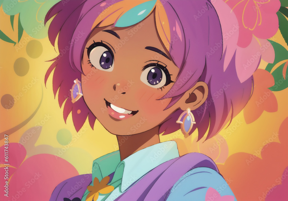 Beautiful African American girl with multicolored hair. Generative AI. Beautiful African American girl with multicolored hair. Generative AI.