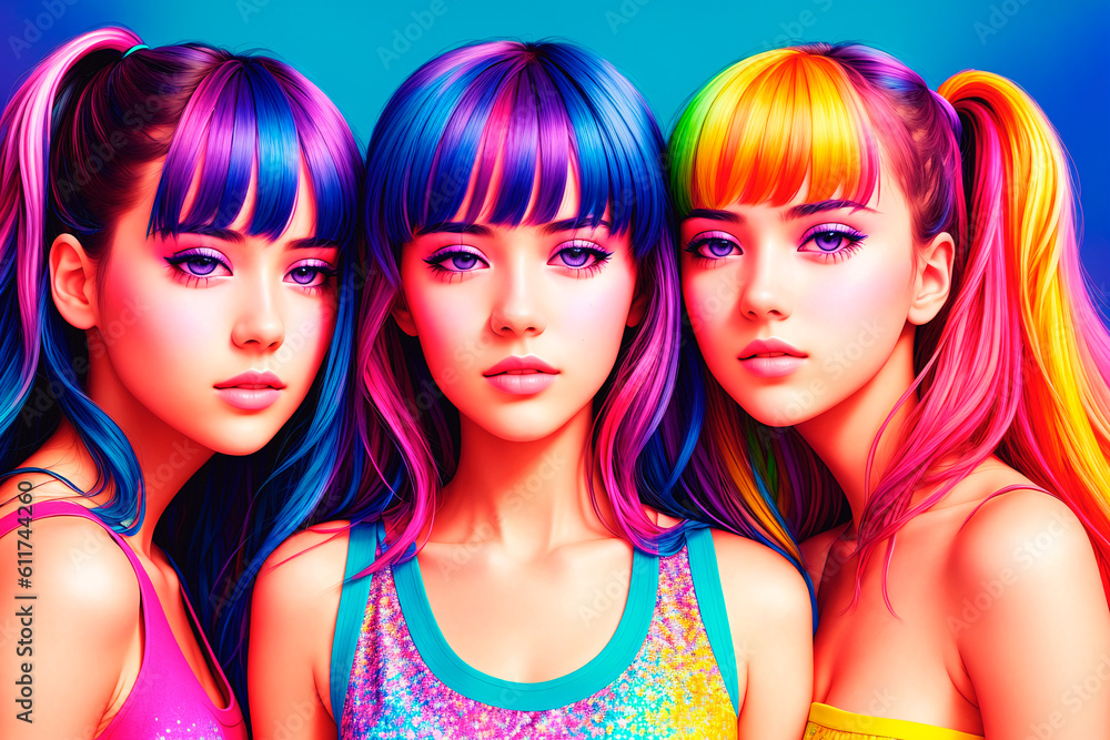 Obraz premium Fashionable portrait of a group of friends of beautiful young women with a bright hairstyle and makeup. Generative AI.