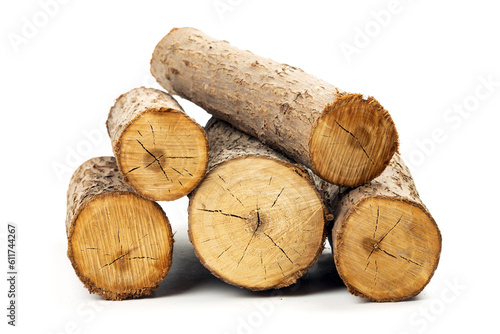 Several cut willow logs isolated over white background