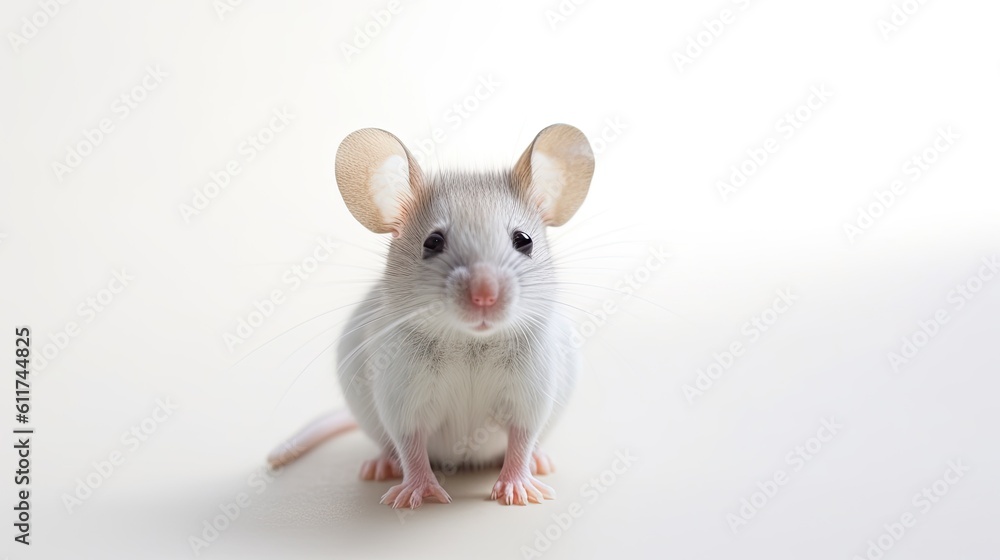Decorative Macro Mouse on White Background. Small Animal Rodent Portrait with Funny Expression. Generative AI