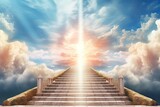 Glory Stairway to Heaven: Symbol of Christianity, Meeting God amid Paradise Gates, Rewarding Path to New Life in Sky with Jesus Christ. Generative AI